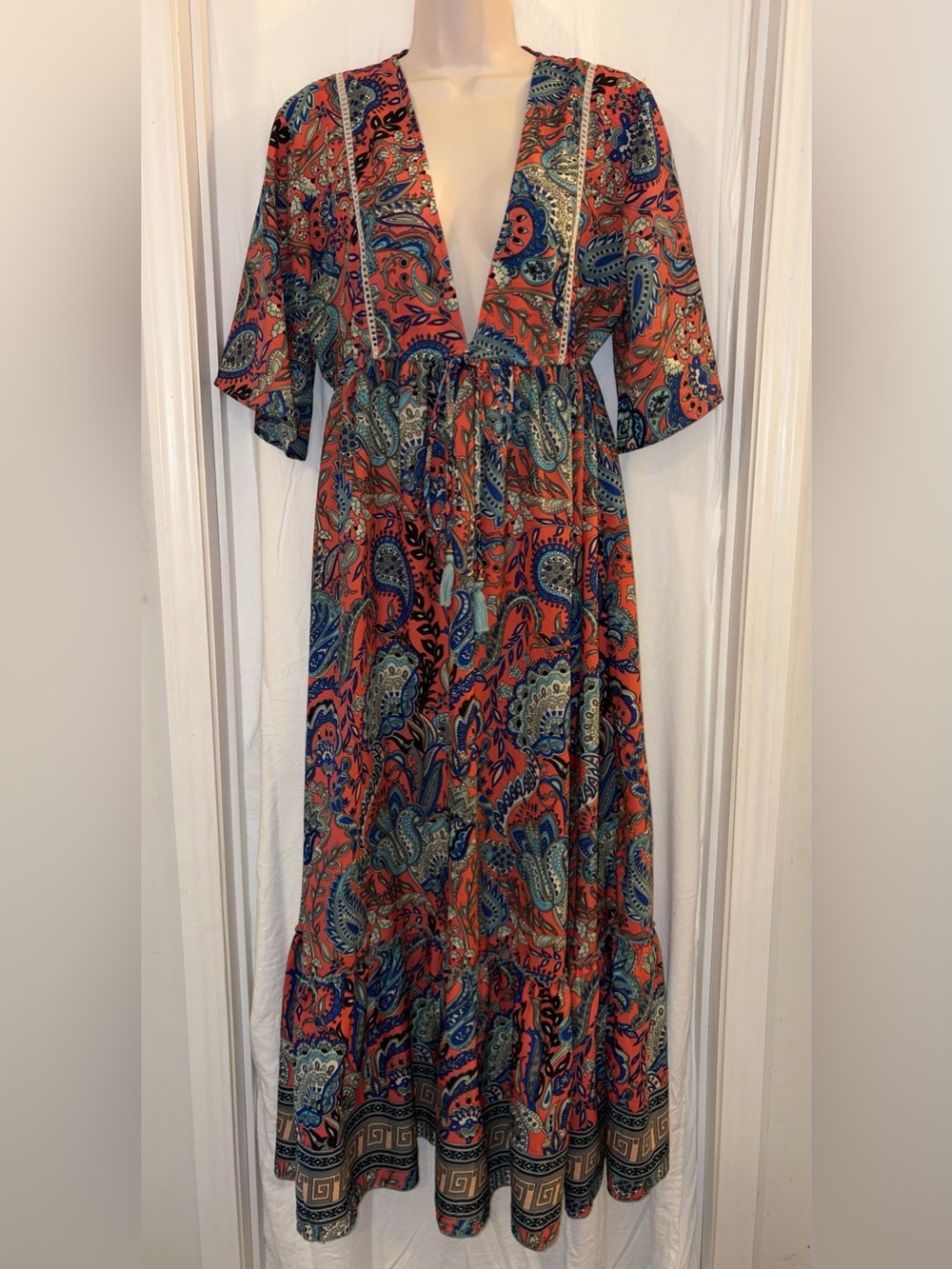 BOEMO Bohemian V-Neck Maxi Dress in Coral Paisley